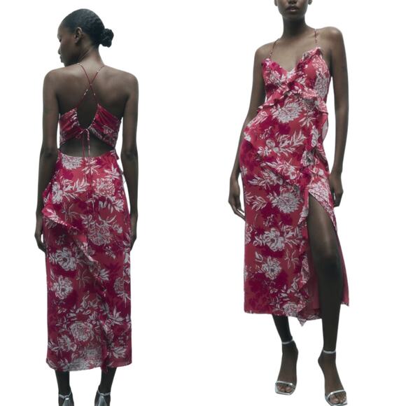 ZARA Maxi Dress Printed Ruffles Floral Pink Sleeveless Chiffon V-Neck Large NWT - Picture 11 of 16
